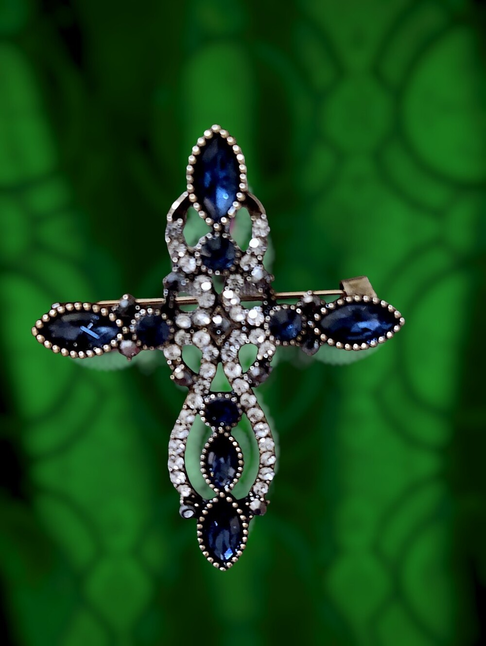 Blue Rhinestone Cross Brooch